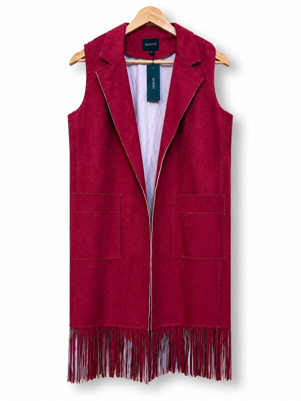 De Novo | NWT Faux Suede Open-Front Drape-Collar Long Line Fringe Duster Vest L